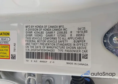 2025 Honda Civic Hybrid Sport/Sport Touring from USA, damaged, VIN 2HGFE4F85SH344293